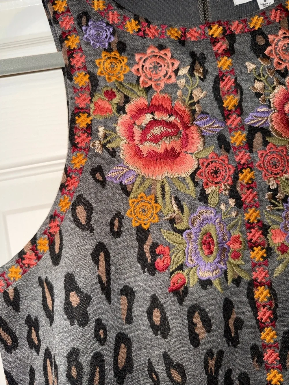 THML Gray Leopard Mini Dress with Multicolor Floral Embroidery - Picture 2 of 7